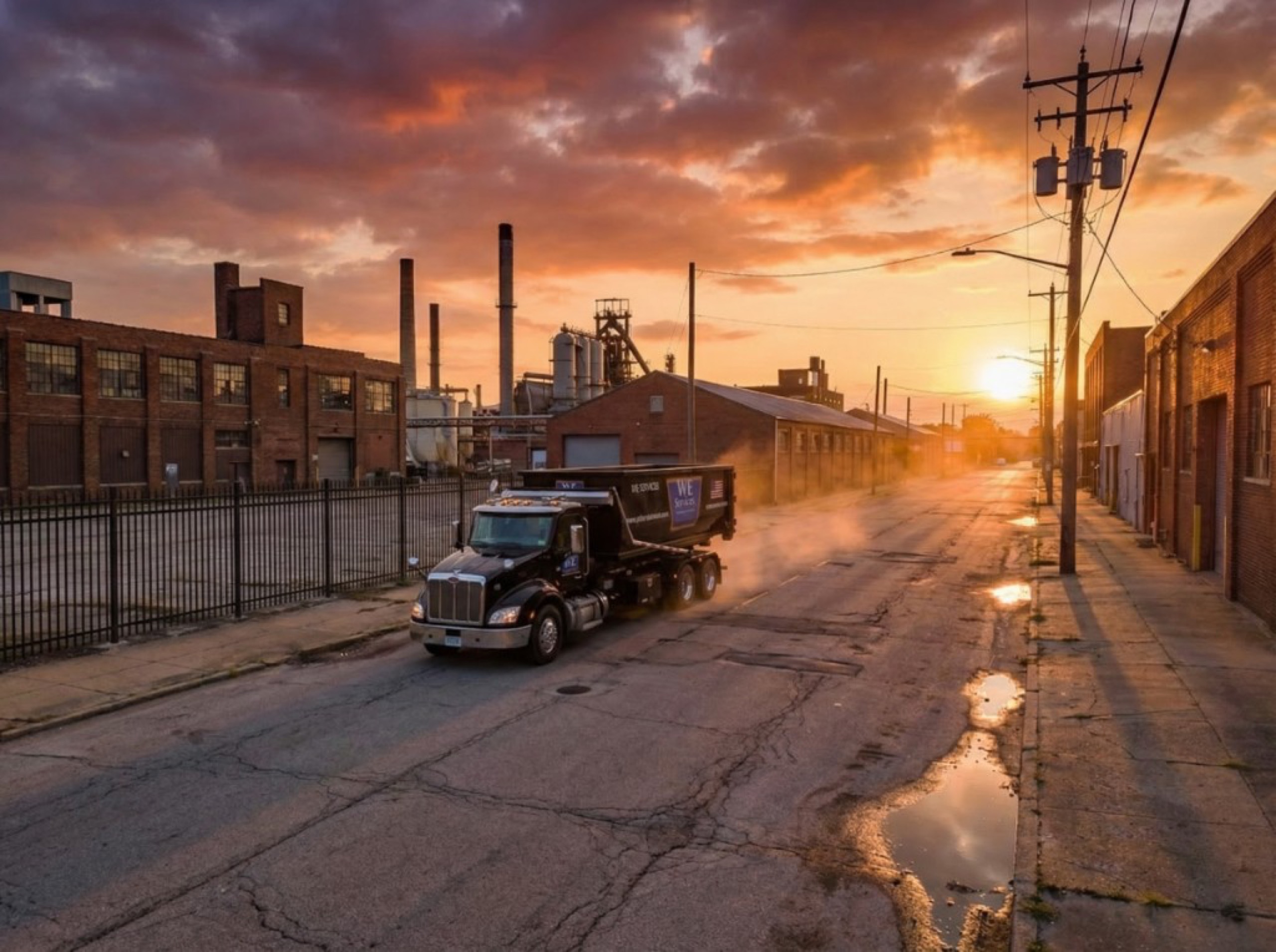 WE Services truck on an industrial road at sunset