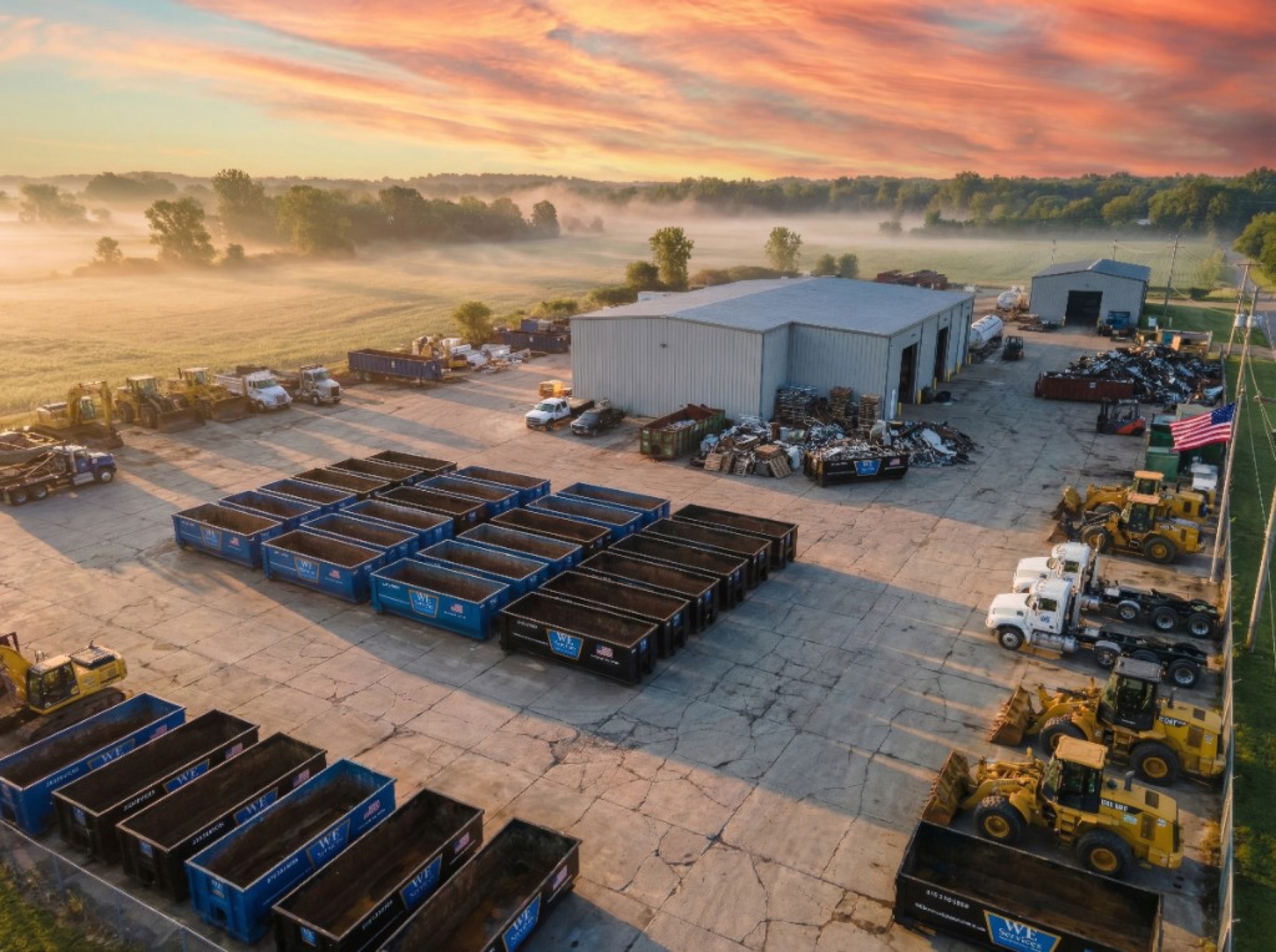 Aerial view of WE Services yard at sunrise — rows of branded roll-off containers, trucks, and heavy equipment