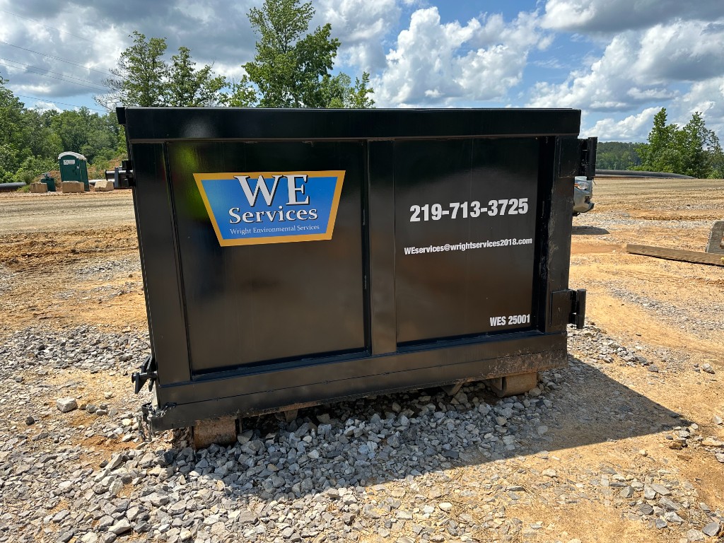 WE Services roll-off container rear view with branding
